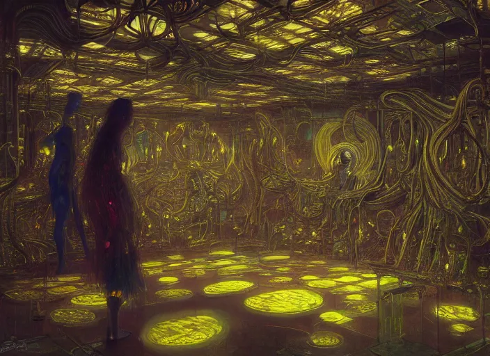 Image similar to a room made out of mirrors, neon, RGB, glowing wires everywhere, pristine, by Edgar Maxence and Ross Tran, Zdzisław Beksiński, and Michael Whelan, distant, gustav dore, H.R. Giger, 8k, octane render