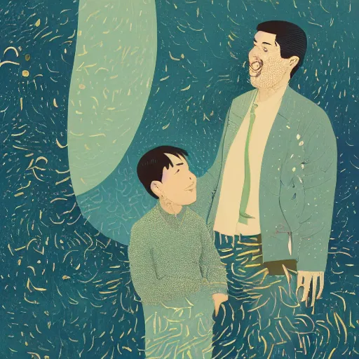 Image similar to a son admiring his father, joyful, illustration by victo ngai, studio muti, malika favre