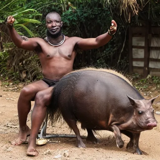 Prompt: A topless African man with a mohawk and goatee riding a hog