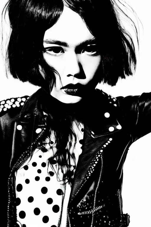 Image similar to dreamy rock girl, black leather jacket, detailed acrylic, grunge, perfect lighting. professional design. great composition, illustration by alex ross, yayoi kusama, peter lindbergh, 8 k