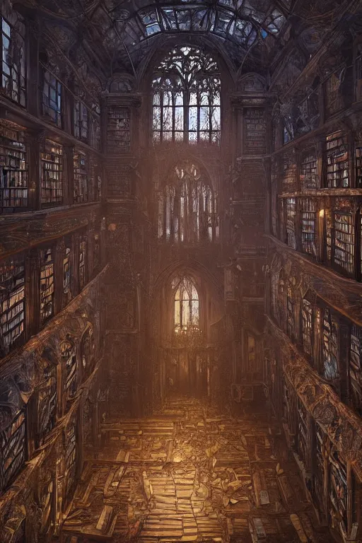 Prompt: decaying interior of an ( ( old library ) ) with a rainforest growing inside, highly detailed, mystical cathedral windows, night outside, glowing candles inside, intricate detail, beautiful 3 d rendering, octane render, hyperrealistic, trending on artstation, by greg rutkowski and simon stalenhag