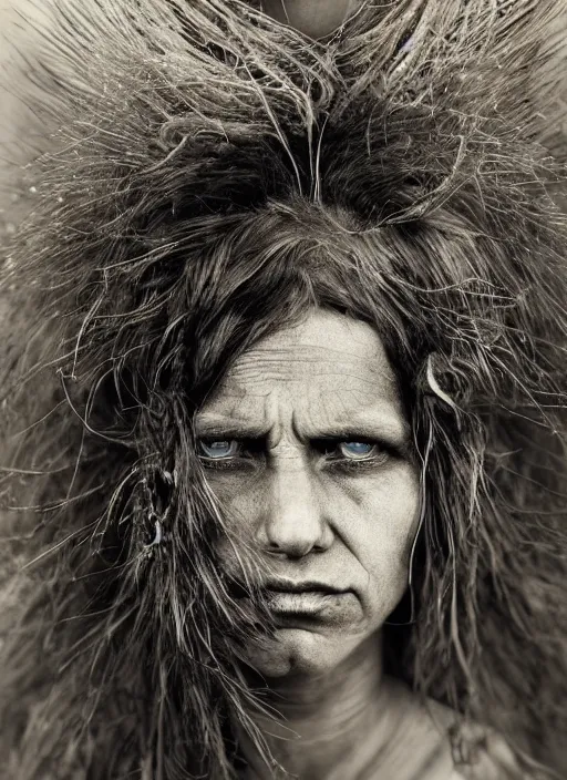 Image similar to Award winning Editorial photo of a female Native Liechtensteiners with incredible hair and beautiful hyper-detailed eyes wearing traditional garb by Lee Jeffries, 85mm ND 5, perfect lighting, gelatin silver process