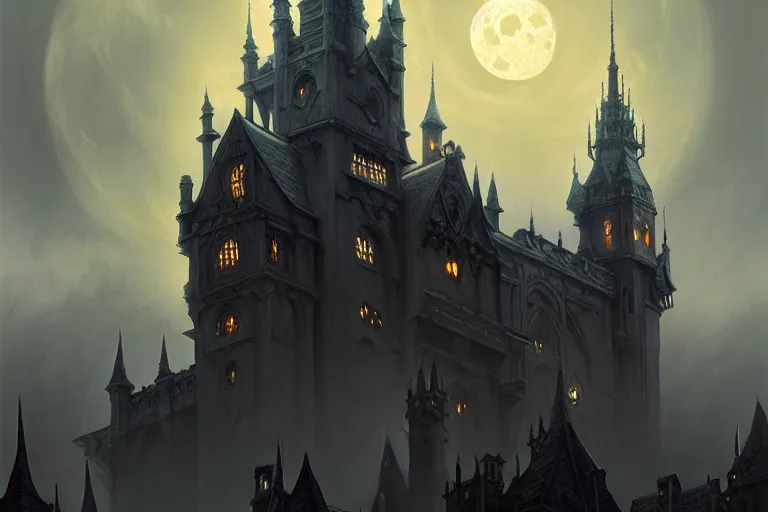 Image similar to foggy intricate gothic castle under the full moon, epic, intricate oil painting, high detail illustration, sharp high detail, manga and anime, official fanart behance hd artstation by jesper ejsing and makoto shinkai, 4 k,