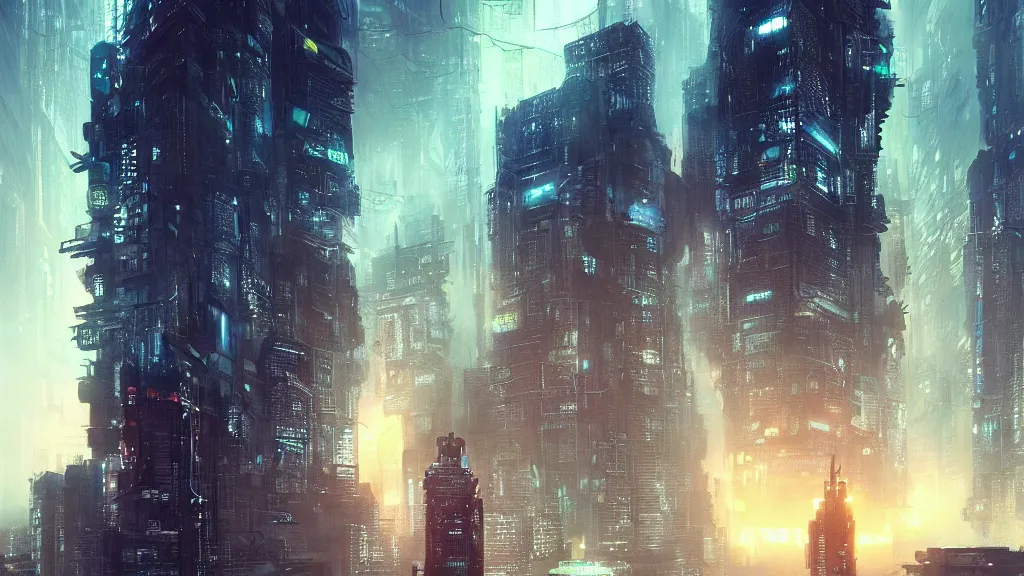 Image similar to a gigantic building in a cyberpunk city, blade runner, ghost in the shell, akira, sunset, gorgeous view, depth, rays of light, gorgeous view, robots, painted by seb mckinnon, high detail, digital art, painted by greg rutkowski, trending on artstation