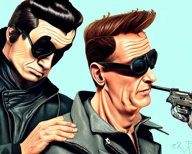 Prompt: beavis and butthead as james bond wearing sunglasses and a leather jacket, photography of kurzgesagt, deep focus, d & d, fantasy, intricate, elegant, highly detailed, digital painting, artstation, concept art, matte, sharp focus, illustration, hearthstone, art by artgerm and greg rutkowski and alphonse mucha