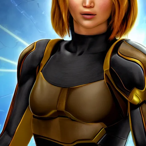 Image similar to jennifer lawrence as samus aran, animated, high resolution