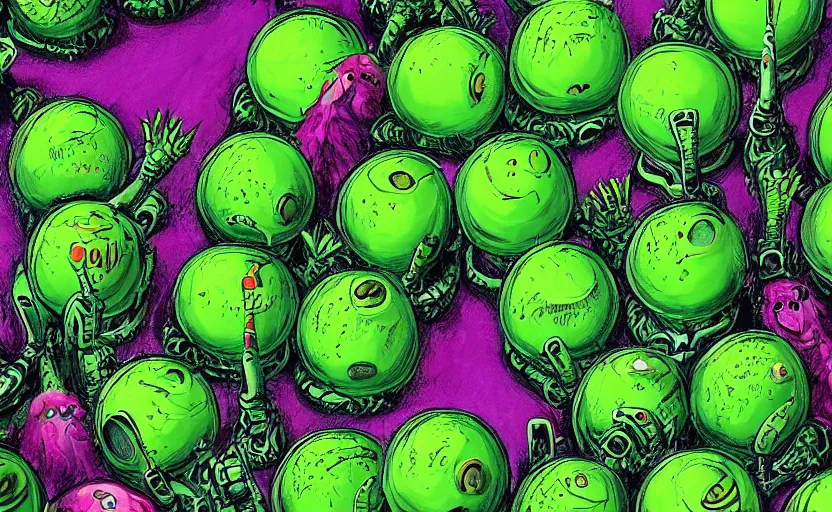 Image similar to an army of different green tennis ball monsters, colorful, digital art, fantasy, magic, chalk, trending on artstation, ultra detailed, detailed, fine details, professional illustration by basil gogos