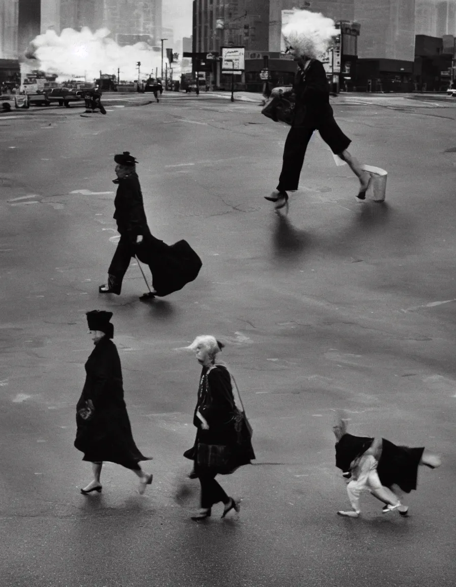 Image similar to A panicked old woman crossing the street with a walker. A nuclear mushroom cloud is in the background. Black and white photo by Annie Leibovitz.