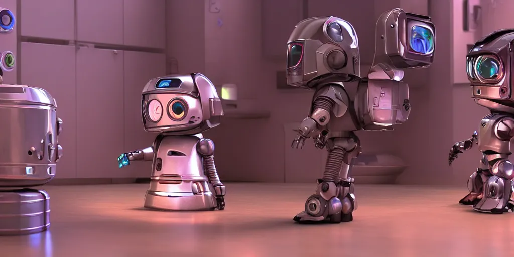 Prompt: a 3 d rendered movie still a cute robot in the shape of an adorable cyberpunk robot as a maine coon kitten. in the background is a cyberpunk cat tree with rgb ambient dramatic lighting. digital art. science fiction blockbuster movie from the future, imax 7 0 mm. style of mandalorian ( american space western television series )