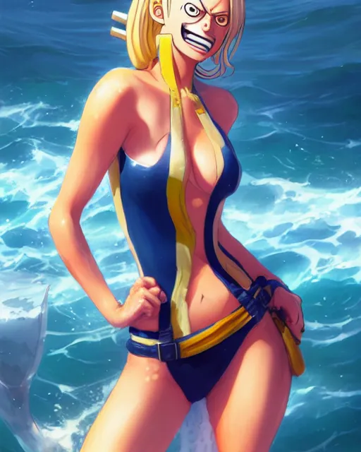 Prompt: margot robbie in one piece as nami, medium shot close up, details, sharp focus, illustration, by jordan grimmer and greg rutkowski, trending artstation, pixiv, digital art