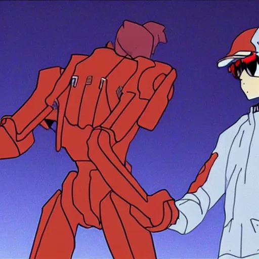 Image similar to Frame from an episode of Neon Genesis Evangelion where Kanye West guest stars