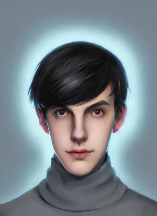 Image similar to portrait of teenage jughead jones wearing a light grey crown, crown, blue turtleneck, closed eyes, photorealistic, black hair, glowing lighting, intricate, elegant, glowing lights, highly detailed, digital painting, artstation, concept art, smooth, sharp focus, illustration, art by wlop, mars ravelo and greg rutkowski