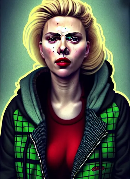 Prompt: highly detailed portrait of scarlett johanson with scarlet lips pogging, tartan hoody, photographic realistic background, ringlet hair by atey ghailan, by greg rutkowski, by greg tocchini, by james gilleard, by joe fenton, by kaethe butcher, gradient red, black, neon green cream and white color scheme, trending in pinterest, award winning details