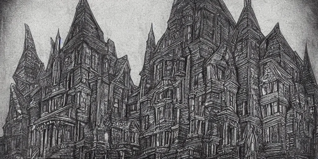 Image similar to charcoal high detailed art of monumental architecture inspired by h. p. lovecraft with gold contrast element