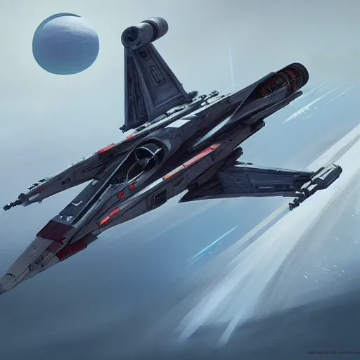 Image similar to concept art of an x wing starfighter from star wars by greg rutkowski