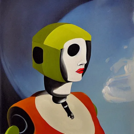 Prompt: female robot girl painting by neo rauch, highly detailed