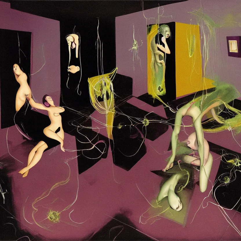 Image similar to One man and one woman attached by love in a living room of a house, floating dark energy surrounds the middle of the room. There is one living room plant to the side of the room, surrounded by a background of dark cyber mystic alchemical transmutation heavenless realm, cover artwork by francis bacon and Jenny seville, midnight hour, part by adrian ghenie, part by jeffrey smith, part by josan gonzales, part by norman rockwell, part by phil hale, part by kim dorland, palette knife texture, paint drip, muted cold colors, artstation, highly detailed