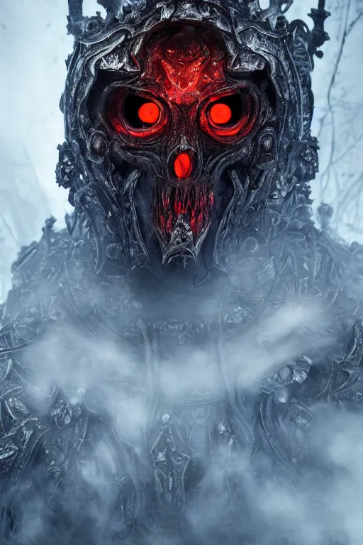 Prompt: a portrait of an ancient lich king, dark fantasy setting, dynamic pose, cobwebs and dust, decay, glowing red eyes, close - up, intricate details, intricately detailed clothing and textures, warm lighting, vivid colors, smoke and mist, realistic octane render, hyper realistic render, volumetric shading, depth of field, raytracing, 8 k,