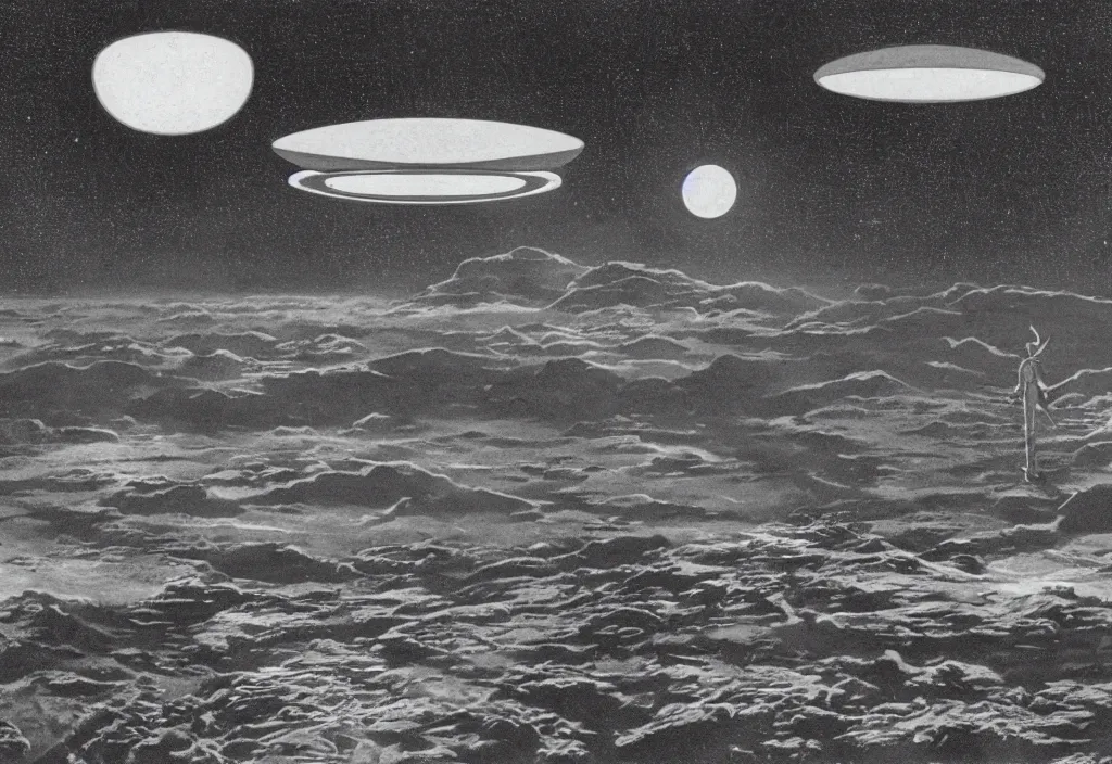 Prompt: UFO sighting, Rick Guidice, Chesley Bonestell, Lucien Rudaux, Rolf Klep, Fred Freeman, George Pal