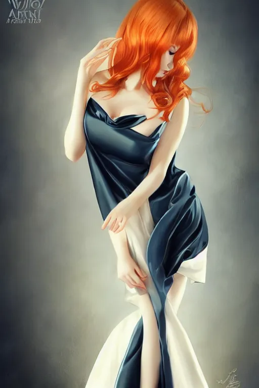 Prompt: Beautiful alluring ginger portrait, satin dress by Artgerm and WLOP, Pixiv