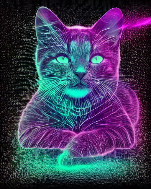 Image similar to highly detailed high resolution stacked plot of radio emissions from a pulsar, abstracted light refractions and stripy interference, making up a fluffy cat isolated on black, silk screen t-shirt design 4K