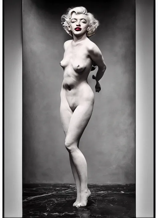 Image similar to a portrait of marilyn monroe by erwin olaf, joel peter witkin, agnieszka osipa, photorealistic, intricate details, hyper realistic, dark fantasy, onyx, photorealistic, canon r 3, photography, symmetrical features, symmetrical pose, wide angle shot, head to toe, standing pose, feet on the ground,