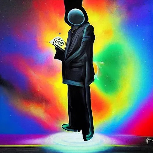 Image similar to A street art. A rip in spacetime. Did this device in his hand open a portal to another dimension or reality?! dark black by Peter Max gloomy, CGI