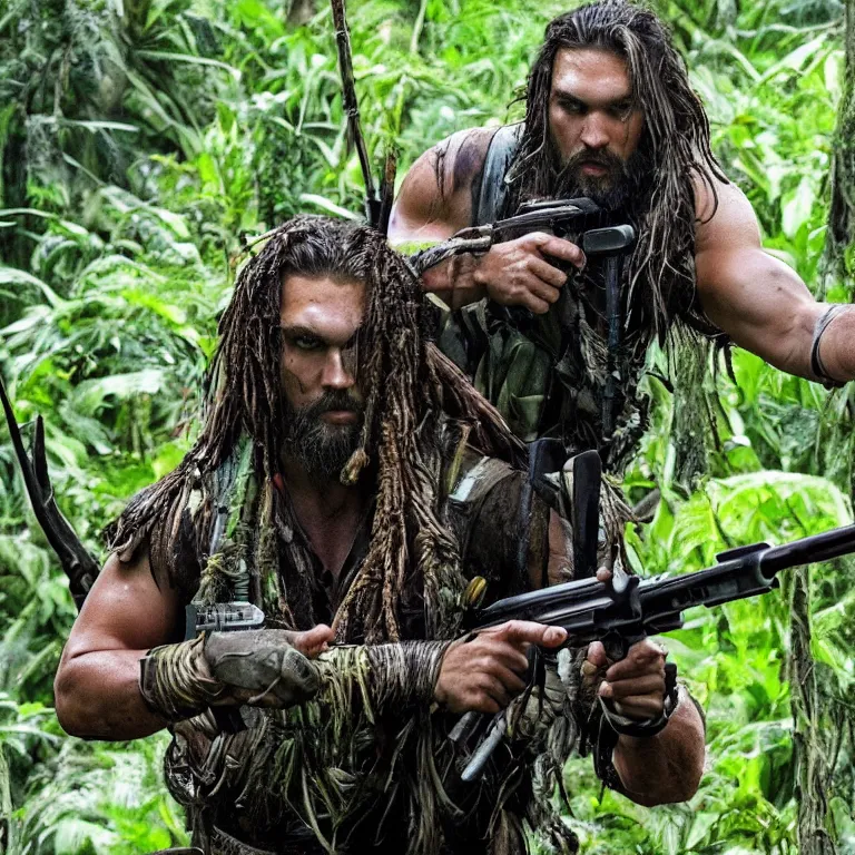 Prompt: jason mamoa in the movie predator with rifle in the jungle, photo - realism, realism, predator, jungle camo