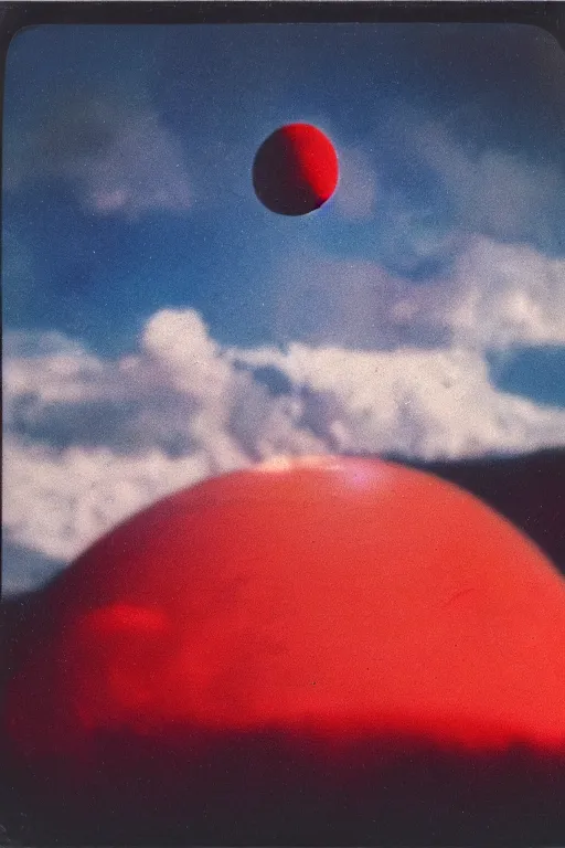 Prompt: aged polaroid analog photo of a planet in space and alien spacecraft, detailed clouds, warm azure tones, red color bleed, film grain