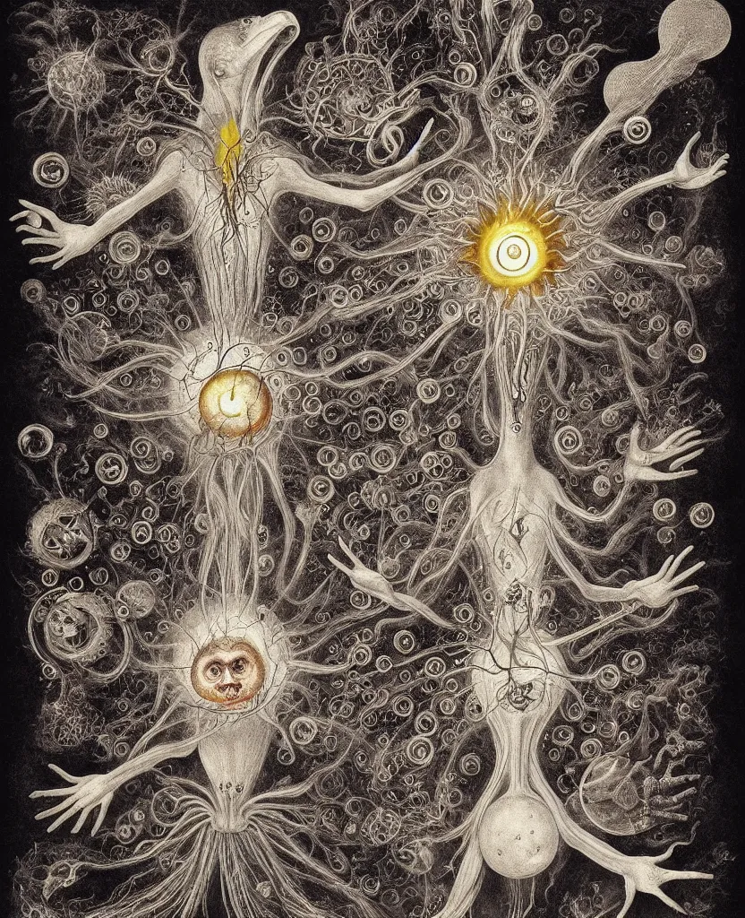 Image similar to whimsical freaky creature sings a unique canto about'as above so below'being ignited by the spirit of haeckel and robert fludd, breakthrough is iminent, glory be to the magic within, painted by ronny khalil