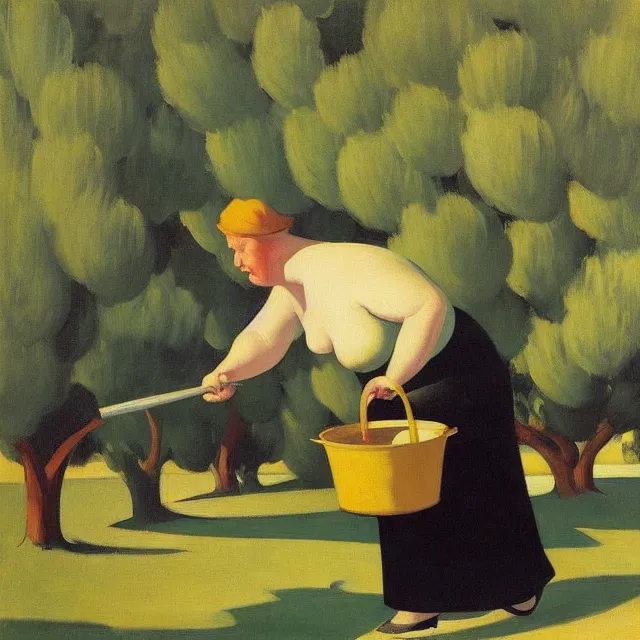 Prompt: a fat lady dressed in black standing with a large frying pan in her hands surrounded by olive trees edward hopper