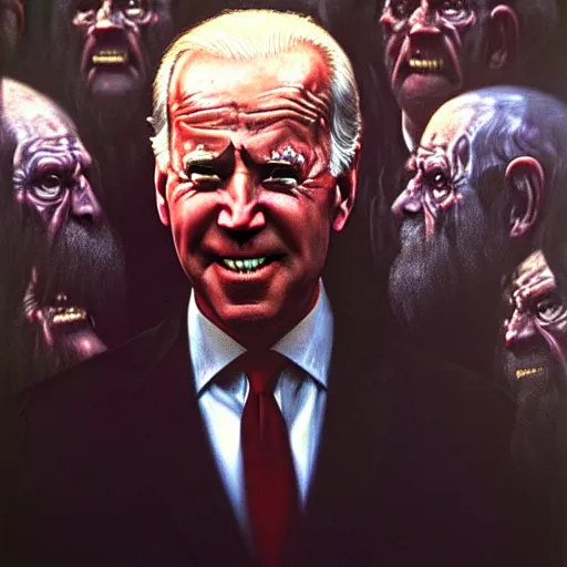 Image similar to epic Joe Biden in pandemonium, demons and souls, portrait, art by Wayne Barlowe, oil on canvas