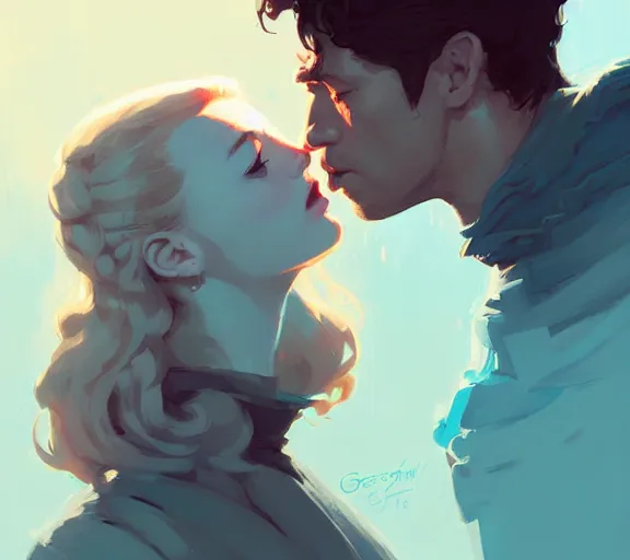 Image similar to portrait of jon kissing sansa by atey ghailan, by greg rutkowski, by greg tocchini, by james gilleard, by joe fenton, by kaethe butcher, dynamic lighting, gradient light blue, brown, blonde cream and white color scheme, grunge aesthetic