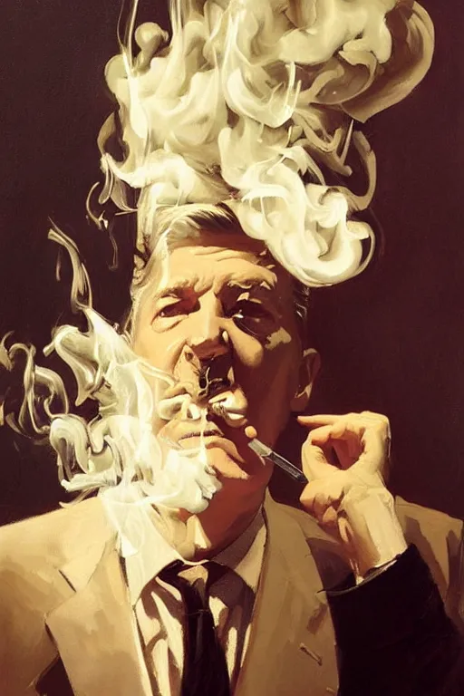 Prompt: david lynch smoking cigarette, billowing smoke, painting by jc leyendecker!! phil hale!, angular, brush strokes, painterly, vintage, crisp