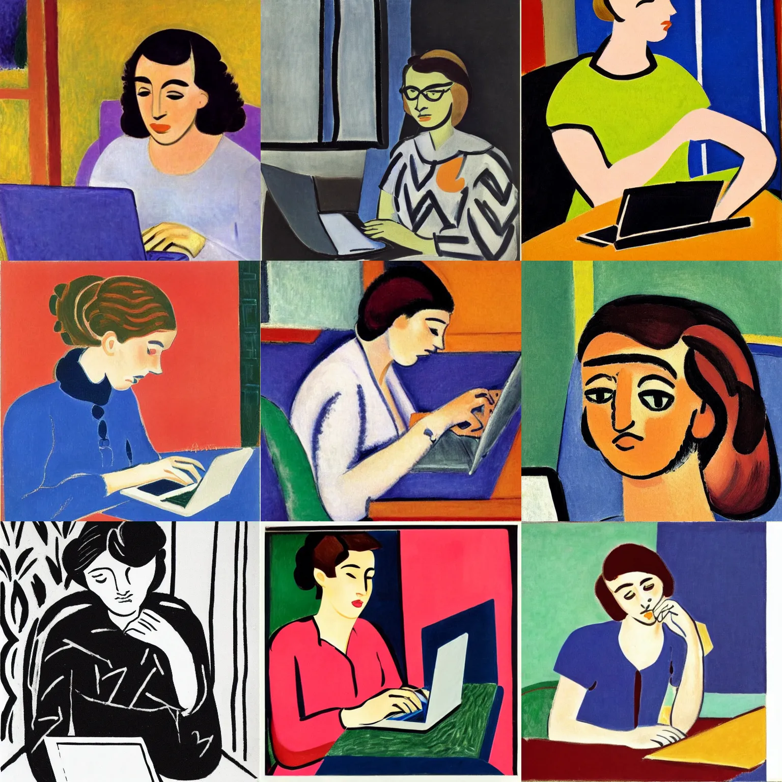 Prompt: close - up of a young woman coding on her laptop, by henri matisse 1 9 3 5. early morning, hot coffee, wondow, sun