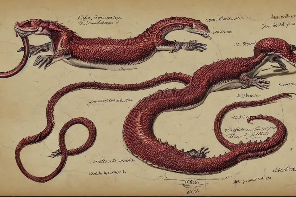Prompt: Vintage, detailed, colored sketch of Ouroboros anatomy, full body, with full descriptions, on parchment.