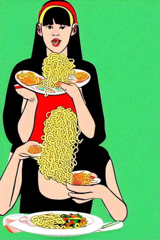 Image similar to a girl eating ramen in the style of modern pop art