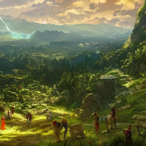 Prompt: panorama of a valley filled with a forest and a village, medieval, fantasy, oil painting, by makoto shinkai