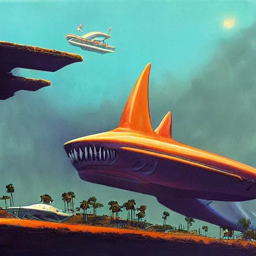 Prompt: side view a beautiful painting of a shark palace by Angus Mckie, Trending on artstation future space CG
