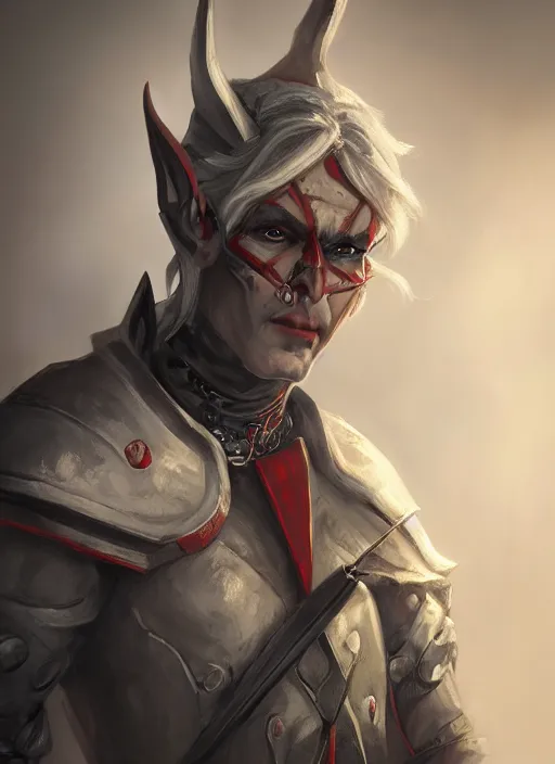 Prompt: A fantasy comic book style portrait painting of a grey elf with red eyes as a warrior in a atmospheric dark fortress, unreal 5, DAZ, hyperrealistic, octane render, RPG portrait, ambient light, dynamic lighting