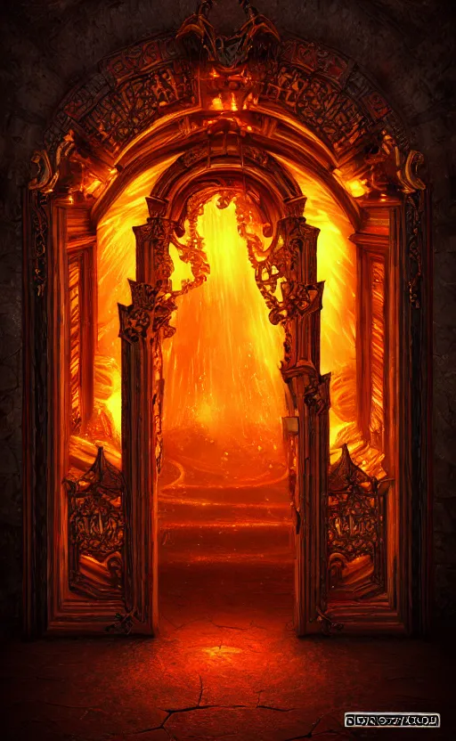 Image similar to a ornamental gate into hell, ornament, intarsia, portal, doorway, dynamic lighting, ambient lighting, atmospherical, photorealistic fantasy concept art, trending on art station, stunning visuals, creative, cinematic, ultra detailed