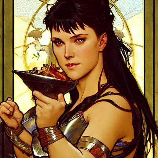 Image similar to xena warrior princess eating at a restaurant art by artgerm and greg rutkowski and alphonse mucha - w 7 6 8