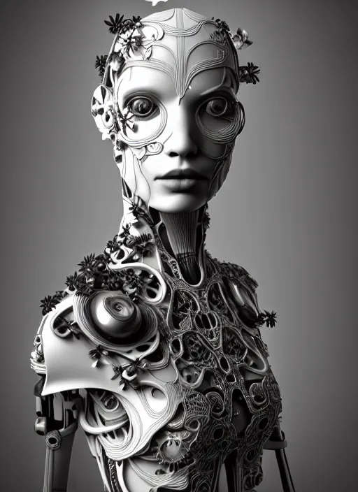 Image similar to monochrome 3 d model, biomechanical young female cyborg with porcelain profile face and a big floral eye, volumetric light, big leaves foliage and stems, hibiscus flowers, boho floral vines, sinuous fine roots, fine foliage lace, alexander mcqueen, rim light, art nouveau fashion pearl embroidered collar, steampunk, redshift render, 8 k