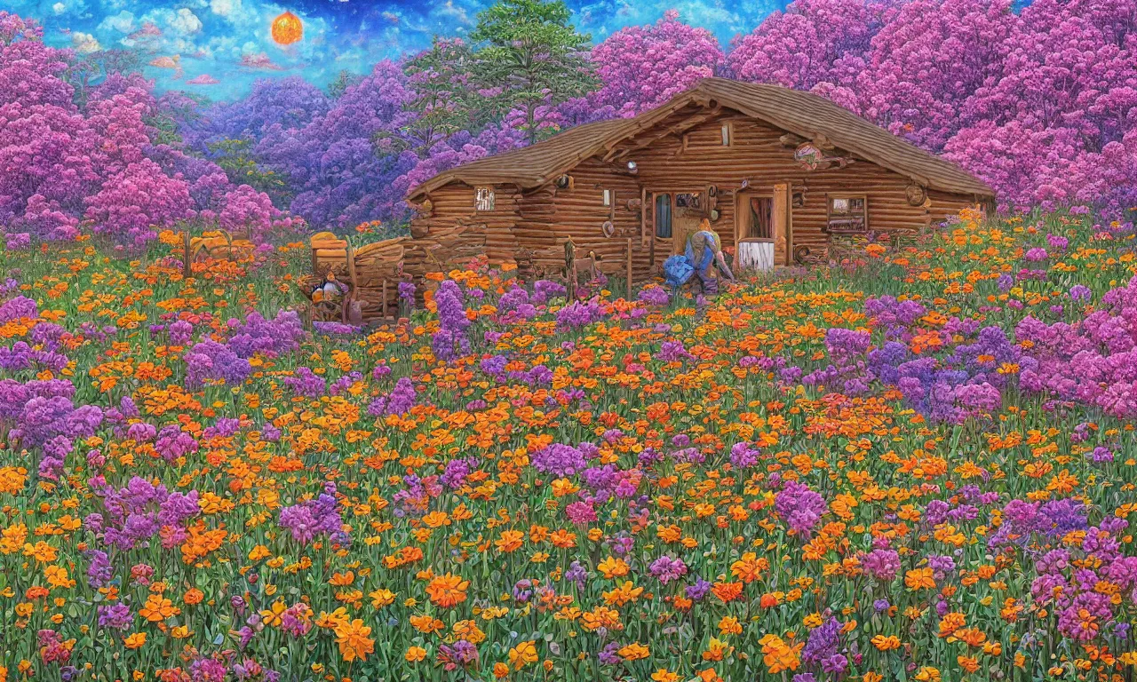 Image similar to a cabin in a mystical field of flowers illustration painting, oil on canvas, intricate, hd, digital art, overdetailed art, complementing colors, detailed, illustration painting by alex gray, digital art, moebius