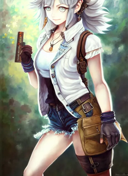 Image similar to a portrait of catgirl wearing white vest, and denim shorts an ultrafine detailed painting, detailed painting, beatyfull eyes, boris valejo. octopath traveler