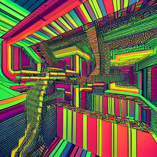 Image similar to a drawing of a room with a staircase, a computer rendering by kilian eng, cg society contest winner, psychedelic art, op art, isometric, voxel art, vaporwave