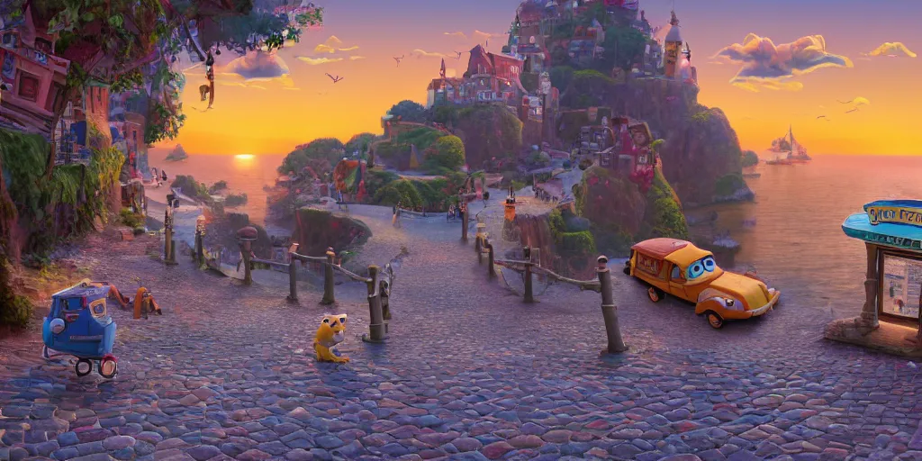 Image similar to epic professional digital art of a lonely cobblestone street with a kiosk on a cliff over the sea at sunset, highly detailed, pixar movie, in the style of toy story, trending at artstation