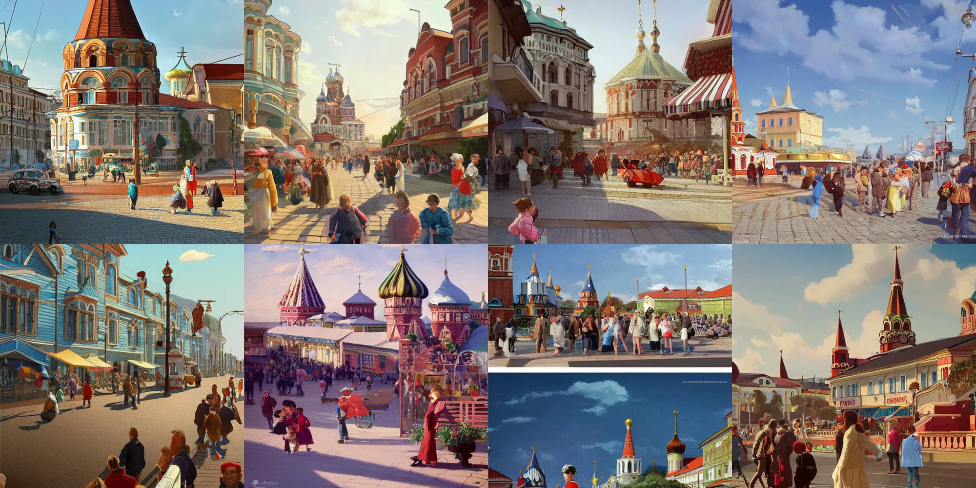 Prompt: a russian small town by the sea, a view from the eyes on the street, a wonderful future, retro architecture, a crowd of adults and children, a holiday, joy, a clear day. highly detailed, digital painting, artstation, concept art, matte, sharp focus, illustration, art by artgerm and greg rutkowski and alphonse mucha