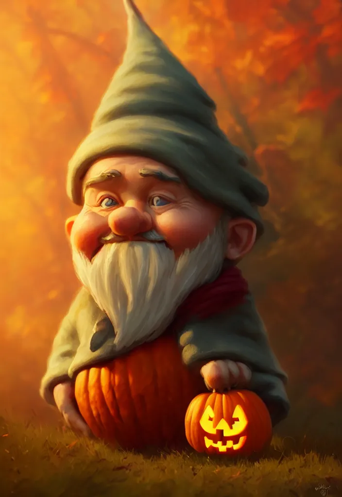 Prompt: hand drawn cute one big gnomes face in autumn disguise holding pumpkin, detailed closeup face, concept art, low angle, high detail, warm lighting, volumetric, godrays, vivid, beautiful, trending on artstation, by jordan grimmer, huge scene, grass, art greg rutkowski