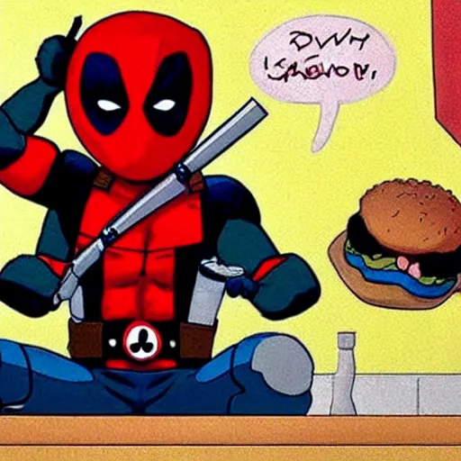 Image similar to Deadpool sitting on the toilet, eating a hamburger, by studio ghibli,